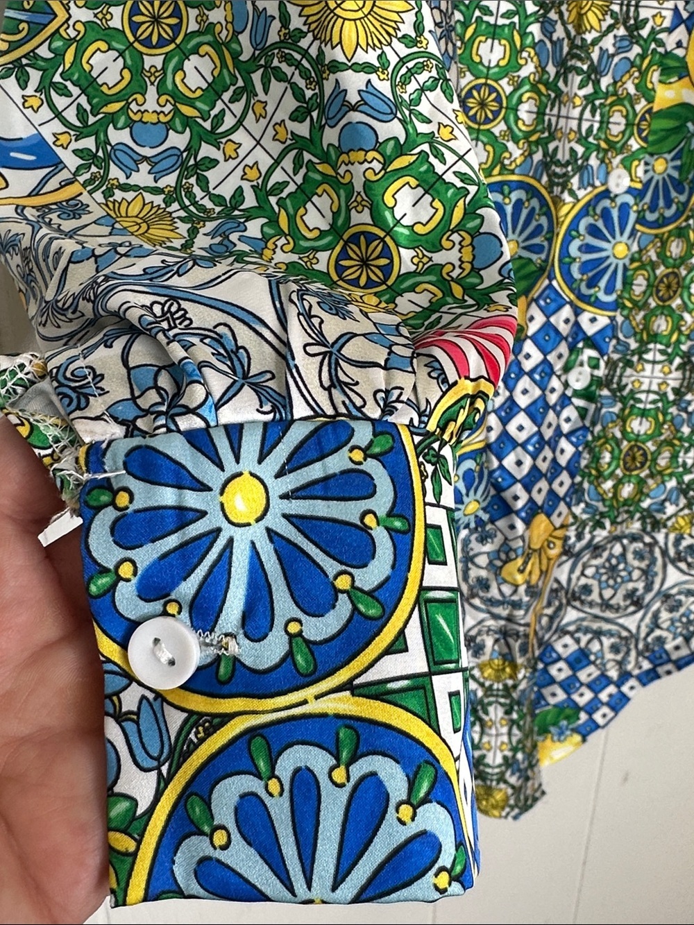 Tie-Front Printed Blouse in Blue, Yellow & Green - Picture 4 of 8